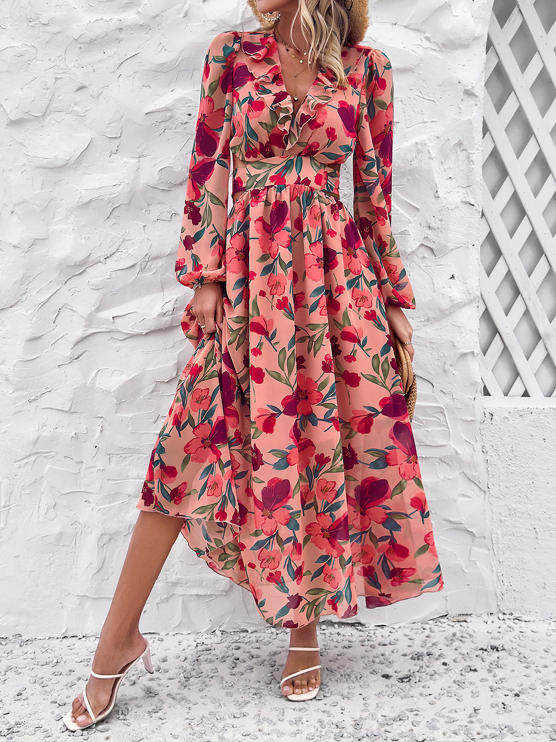 Cutout Printed V-Neck Balloon Sleeve Dress