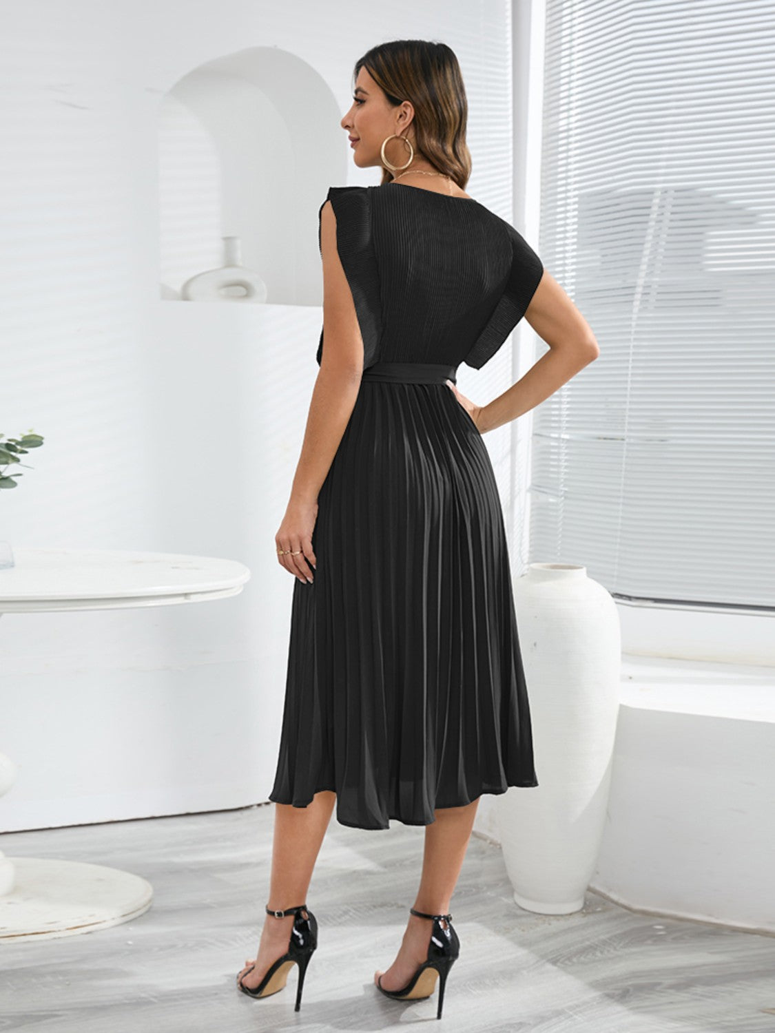 Tied Round Neck Pleated Midi Dress