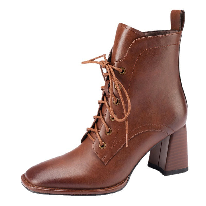 Botas de tacón alto para mujer, estilo británico, Retro, con cordones, cortas, simples, a la moda, otoño e invierno, 2022