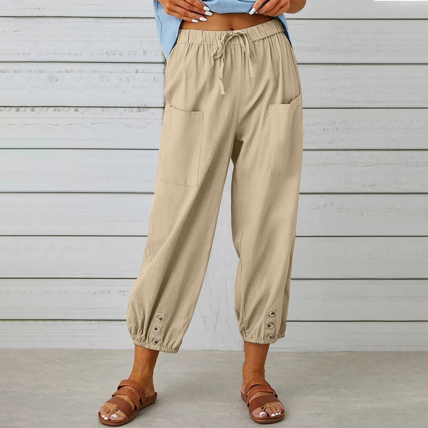 Pantalon à cordon de serrage pour femme, pantalon en coton et lin avec poches et boutons, printemps et été