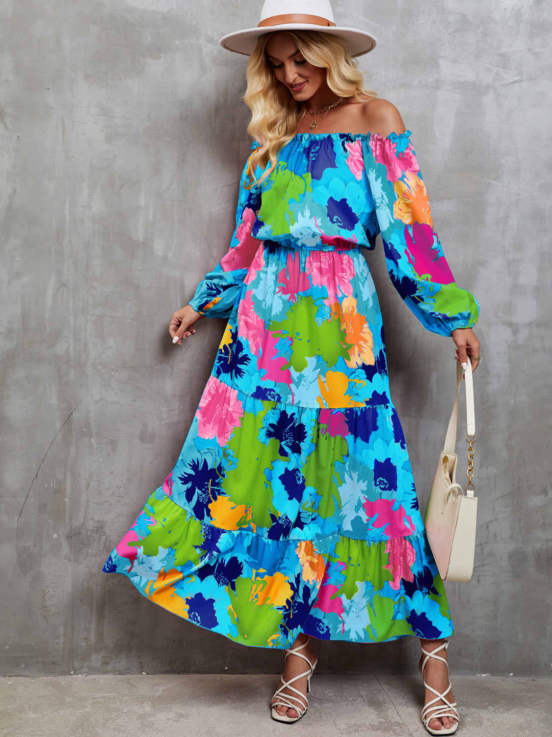 Printed Off-Shoulder Balloon Sleeve Tiered Dress