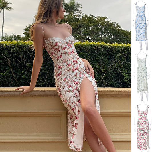 Vestido largo con estampado de flores de encaje, vestido Sexy con tirantes y abertura a la moda, ropa de verano para mujer