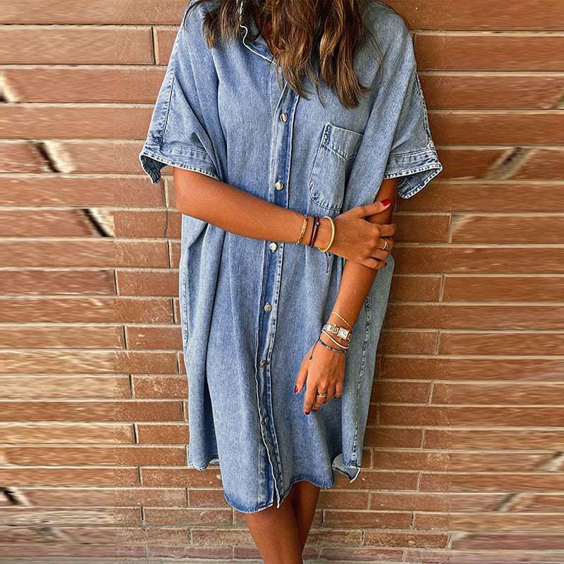 Robe en jean à manches courtes pour femmes, couleur unie, rangée unique, multi-boucles, jupe en jean