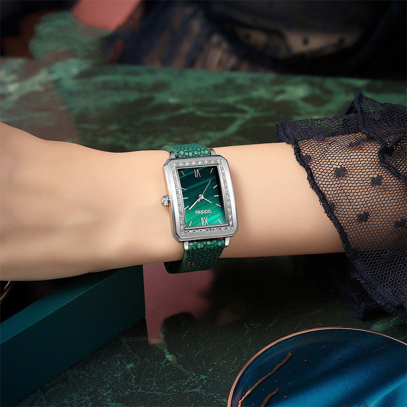 Coffret de petite montre verte exquise pour femmes, coffret cadeau carré