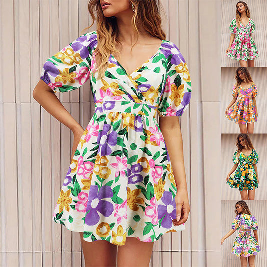 Robe courte à manches lanternes et col en v pour femmes, imprimé floral, vêtements de plage, vacances d'été, Y2K, à la mode, Y2K