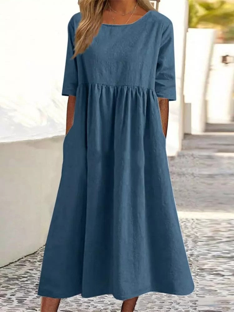 Robe décontractée en coton et lin pour femmes, manches courtes, avec poches