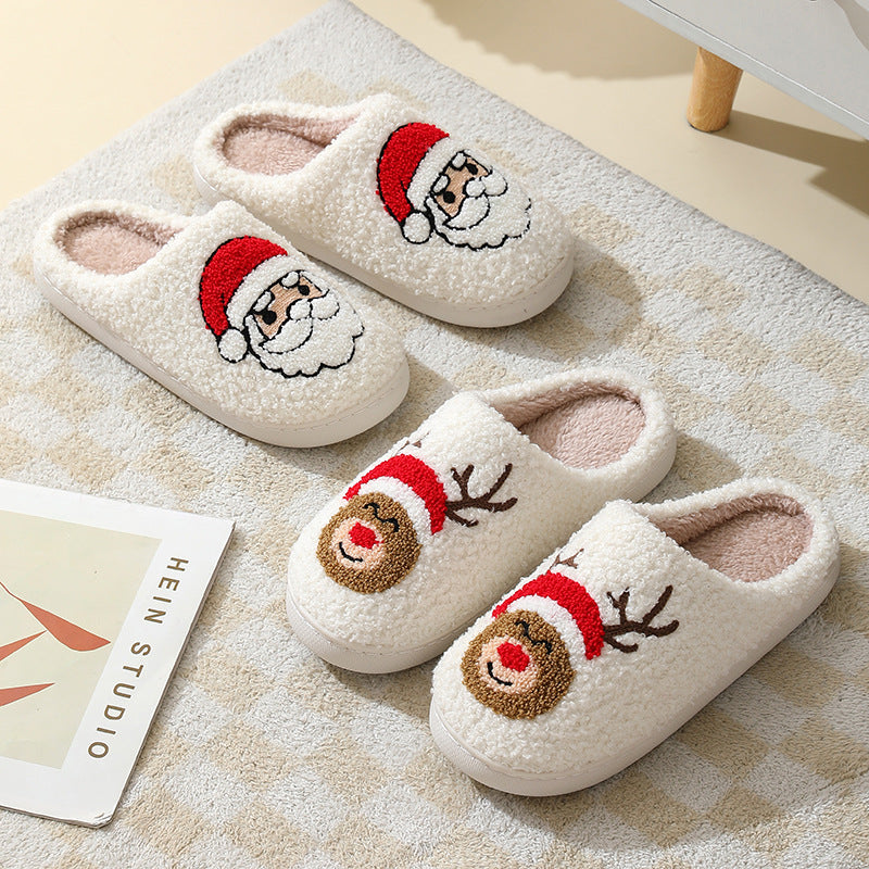 Zapatillas de casa navideñas, zapatillas de algodón con dibujos animados de Papá Noel para mujeres y hombres, parejas, zapatos peludos cálidos de invierno