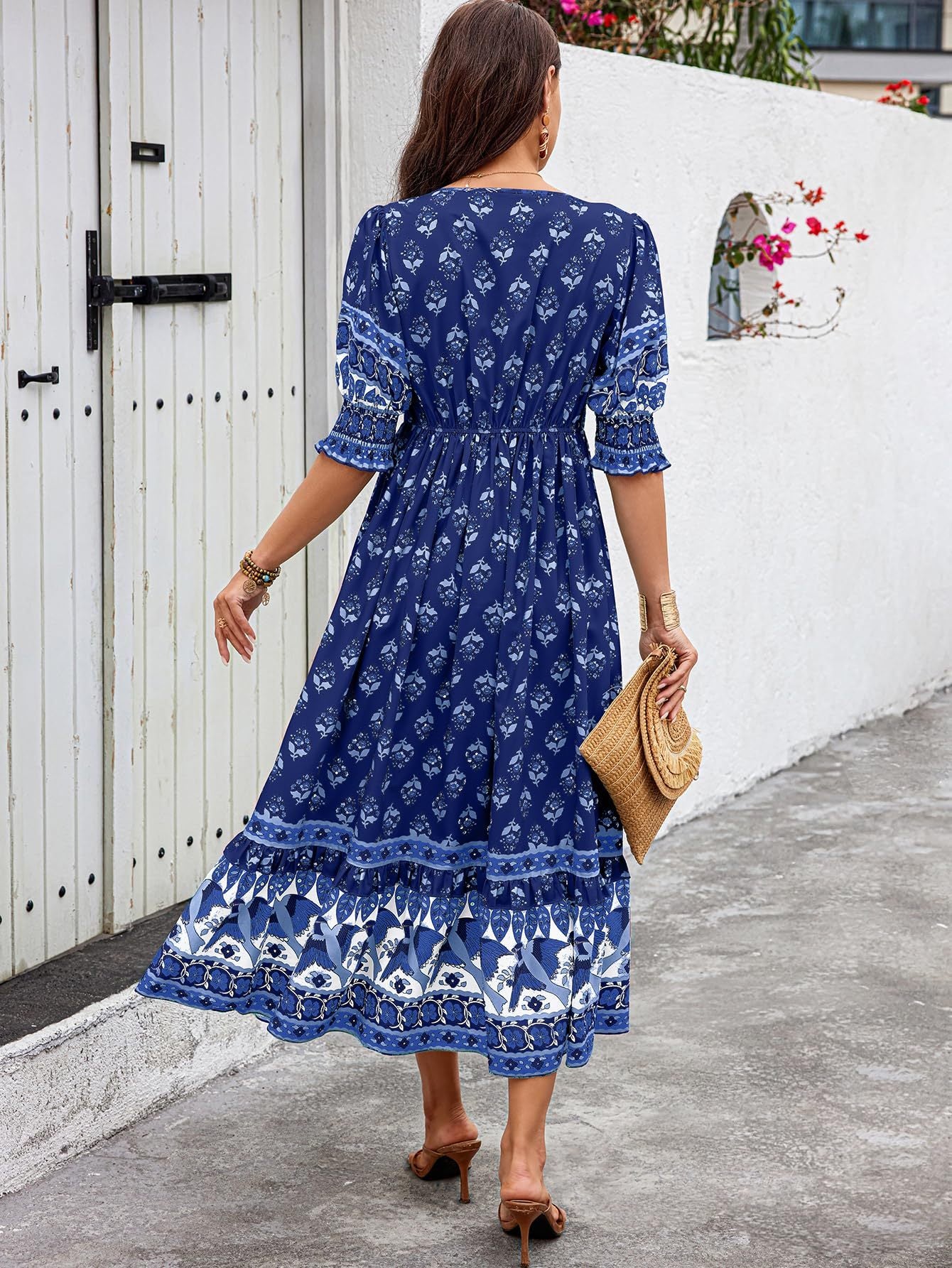 V-neck Printed Lantern Sleeve High Waist Big Swing Dress