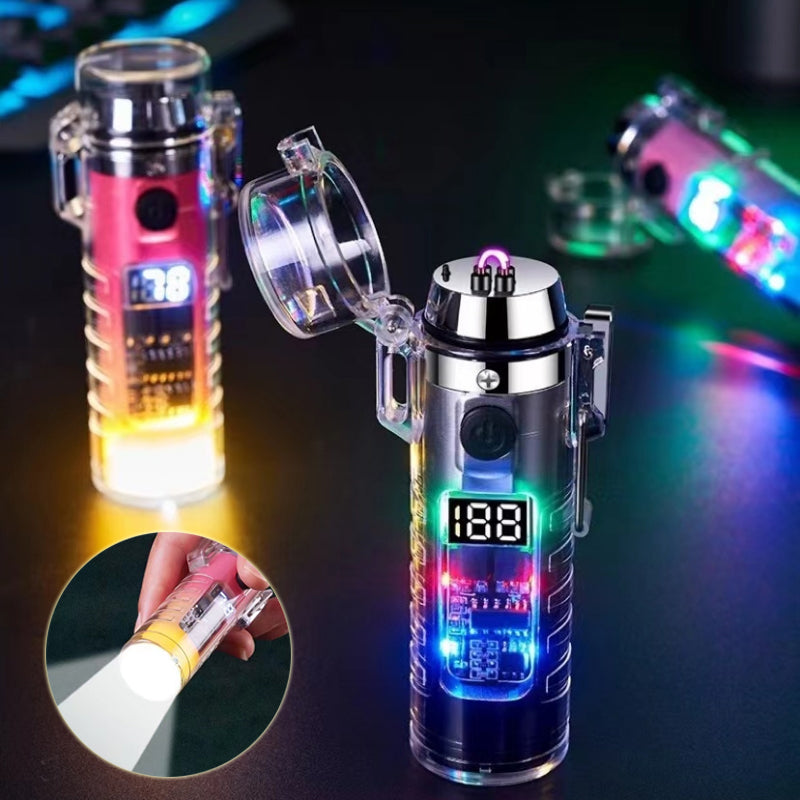 Coque transparente double Arc USB chargeur briquet extérieur LED étanche lumière colorée affichage de puissance éclairage Gadgets lumineux