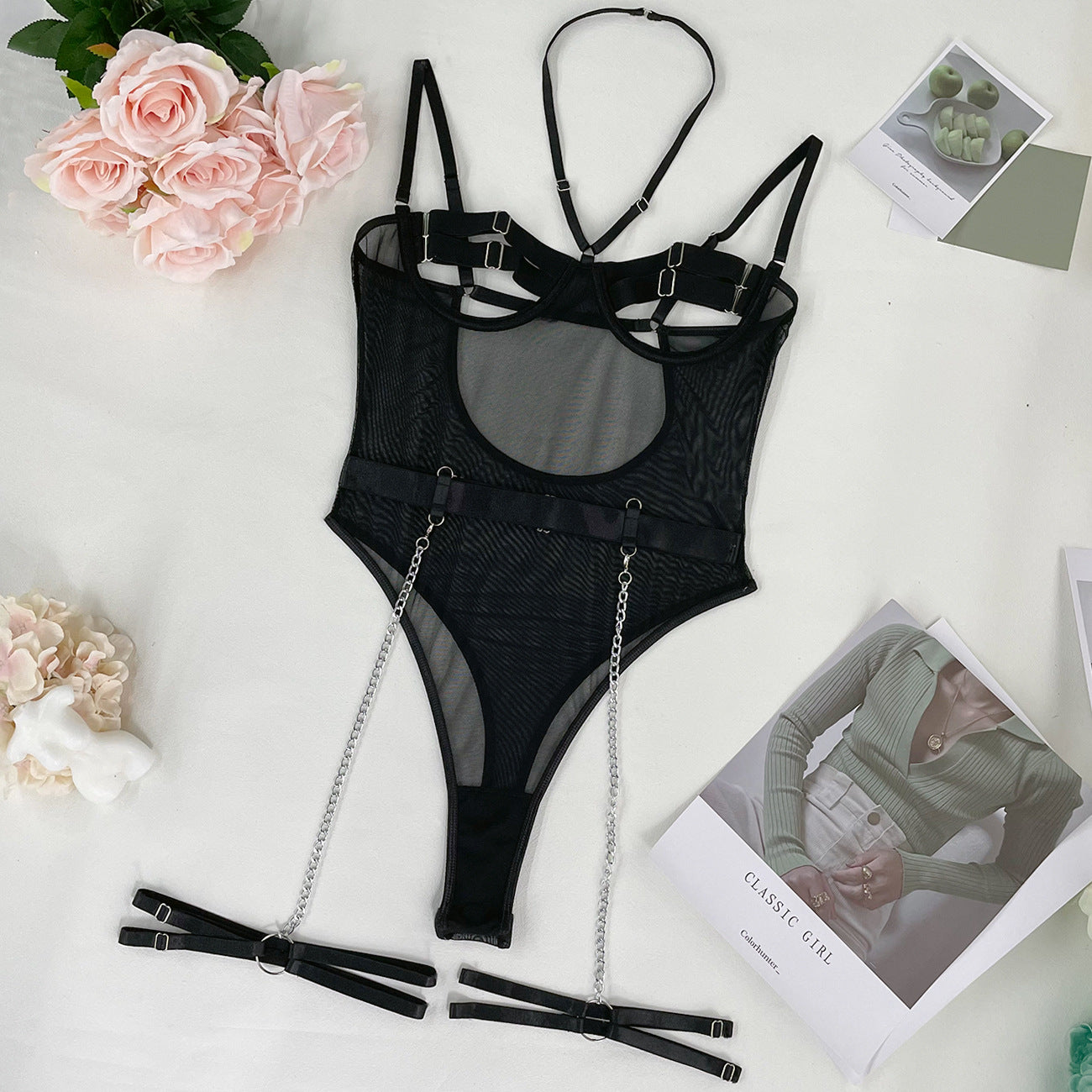 Black Mesh Spliced Bodysuit Female