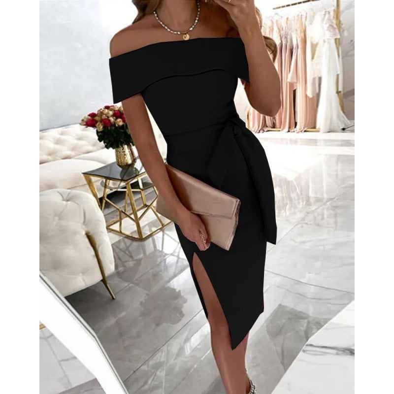 Off-neck Solid Color Lace-up Slim Fit Dress Party Style