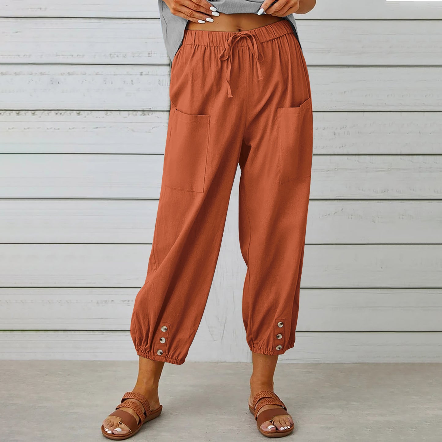 Pantalones con cordón y lazo para mujer, pantalones de algodón y lino para primavera y verano con botones y bolsillos