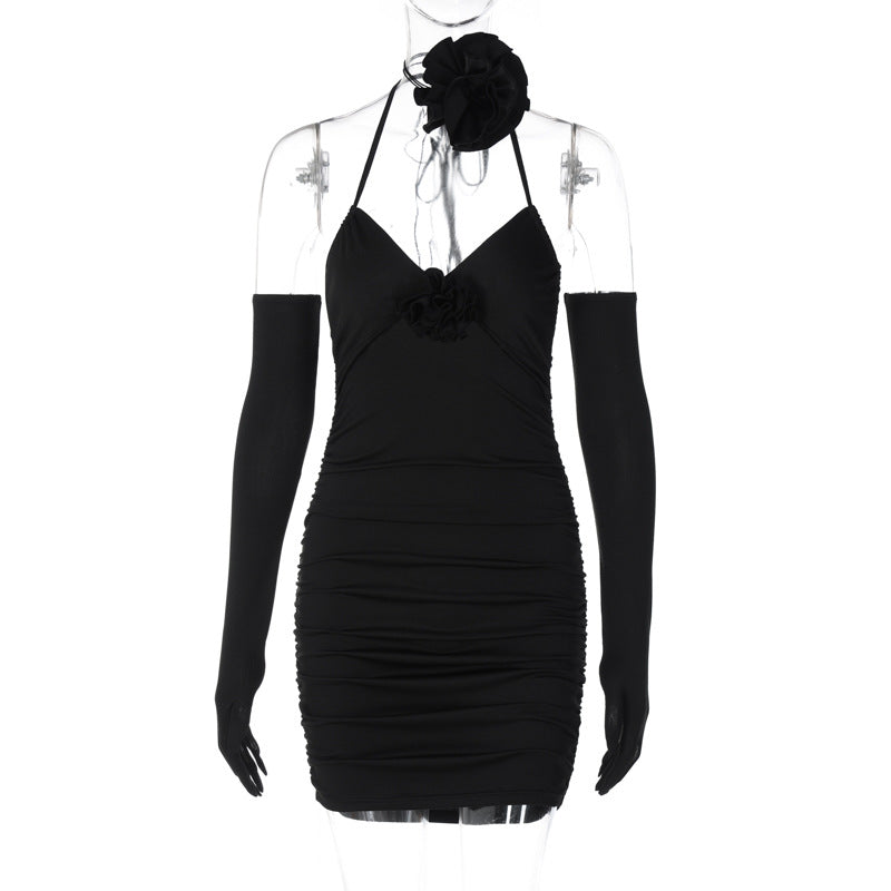 V-neck Black Rose Halter Lace-up Gloves Slimming Sheath Dress