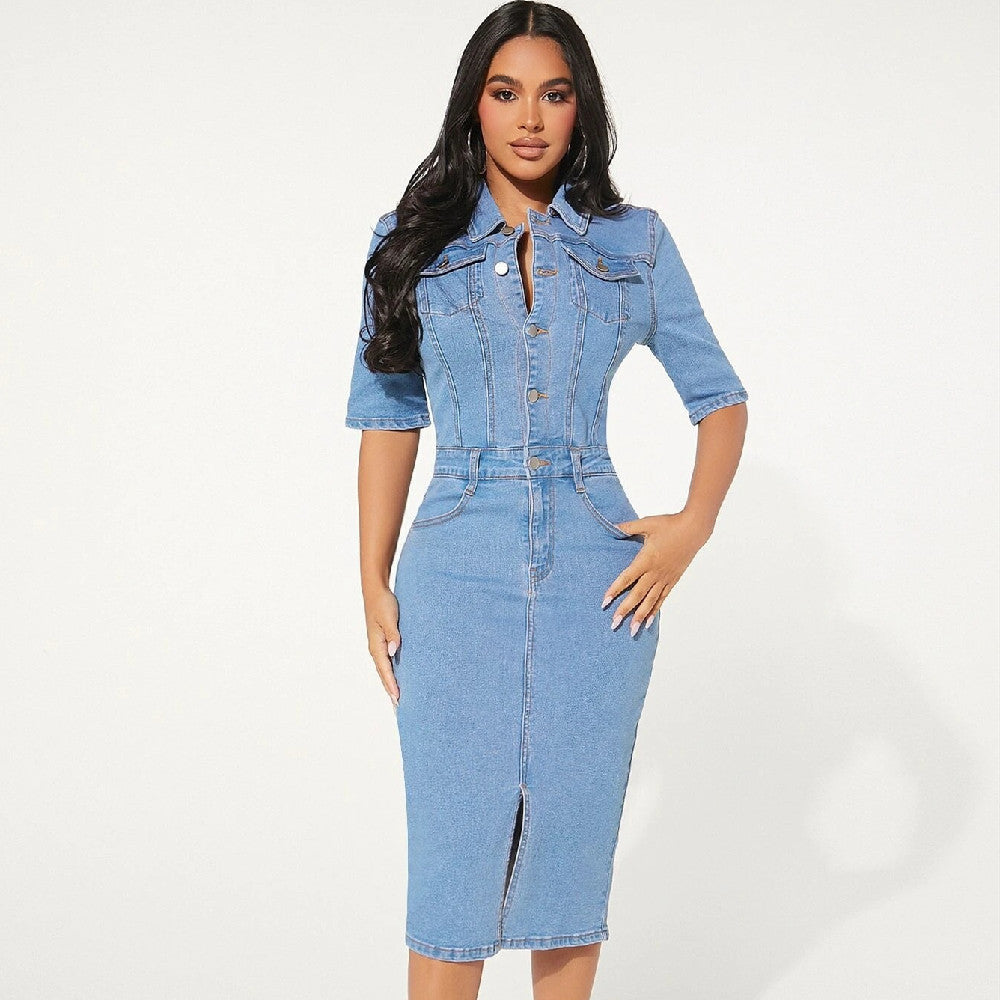 Robe en denim enveloppée de hanches pour femmes, personnalité de la mode