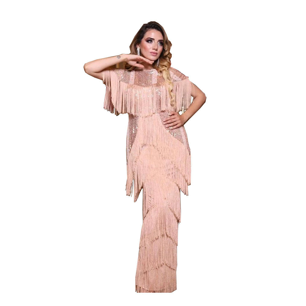 Robe longue en tissu extensible à paillettes pour femmes, multicouche, à pompons dynamiques, à la mode