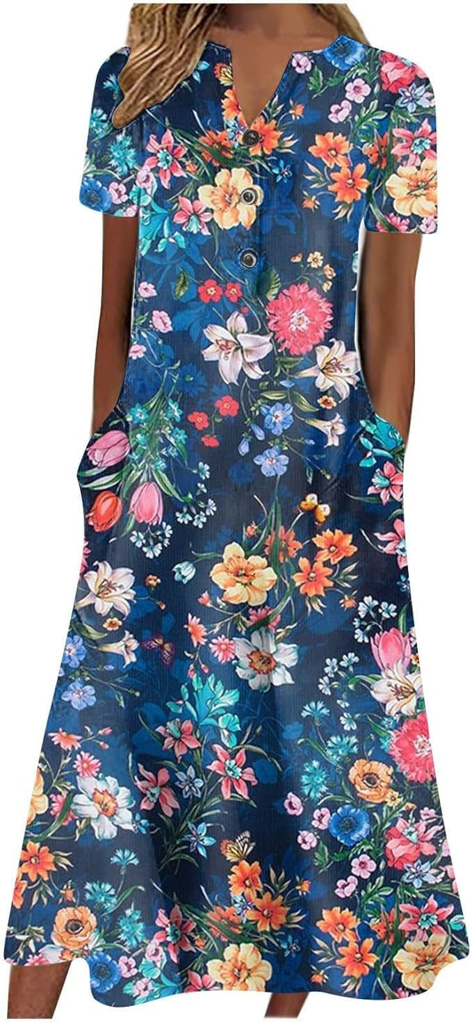 Printed Pocket V-neck Loose Casual Length Dress