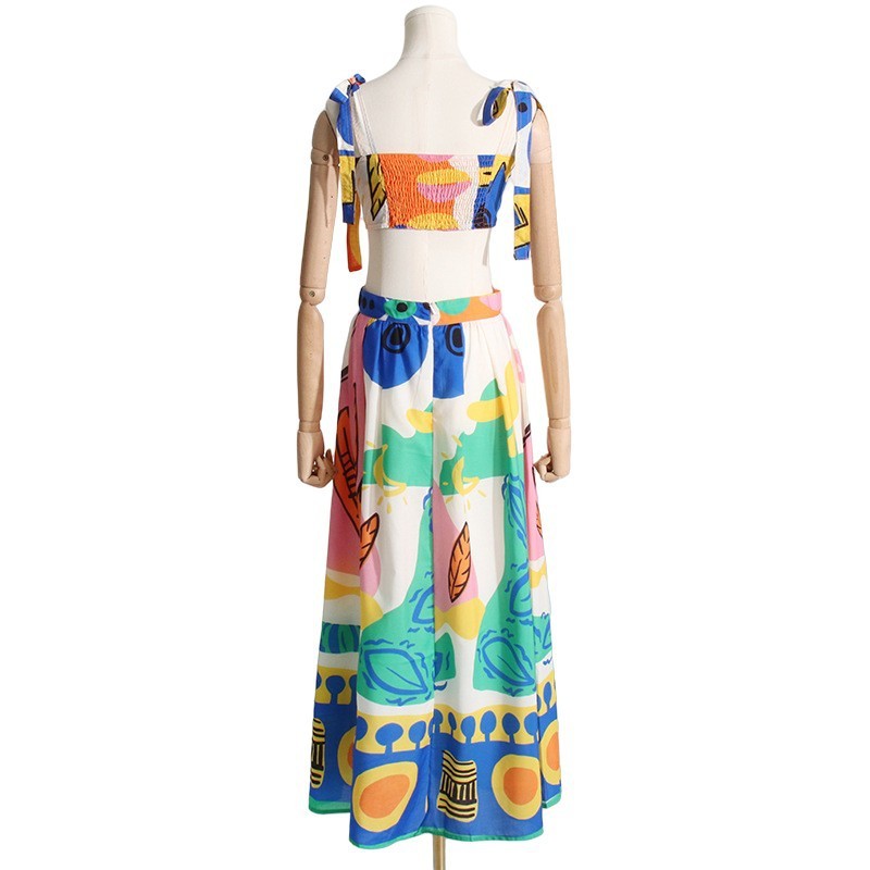 Women's Retro Cartoon Printed Suspenders And Skirts Suit