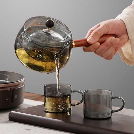 Théière rotative semi-automatique en verre résistant à la chaleur, préparation de thé paresseuse avec infuseur et poignée en bois, accessoires de bureau et de maison, Gadgets de cuisine