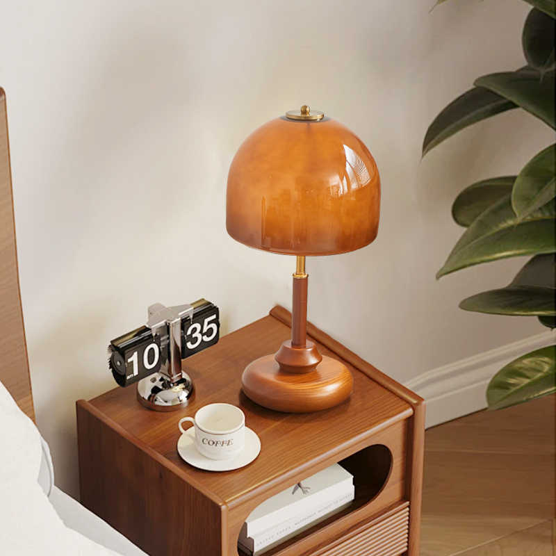 Retro Amber-yellow Glass Mushroom Decorative Table Lamp