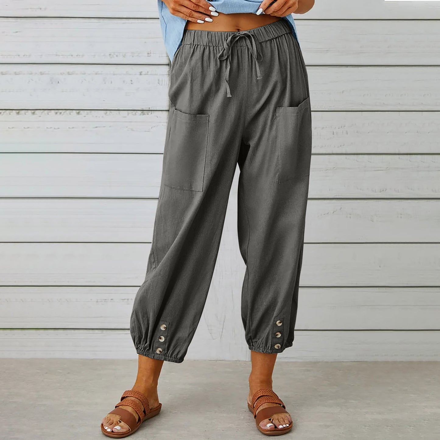 Pantalon à cordon de serrage pour femme, pantalon en coton et lin avec poches et boutons, printemps et été