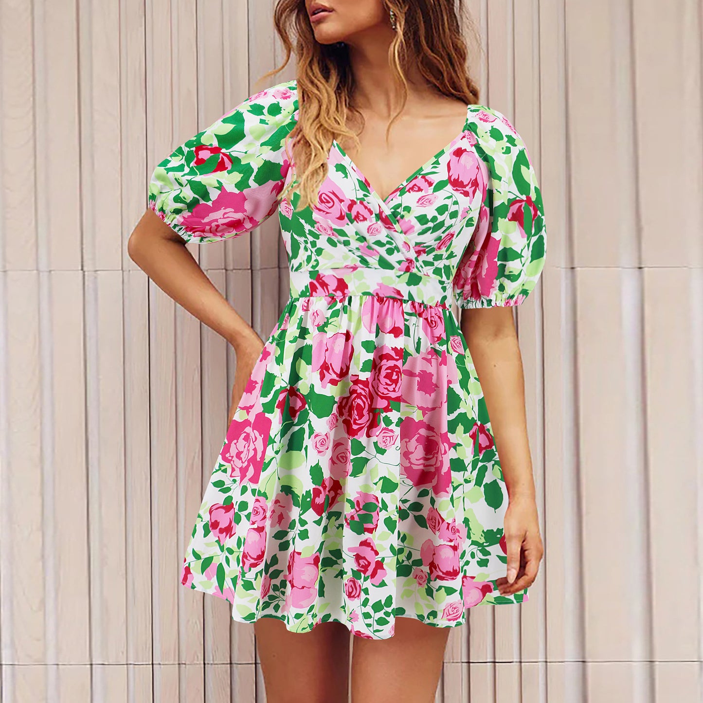 Vestido con estampado de flores y cuello en V, manga farol, Y2K, vacaciones de verano, vestidos cortos de playa, ropa de moda para mujer