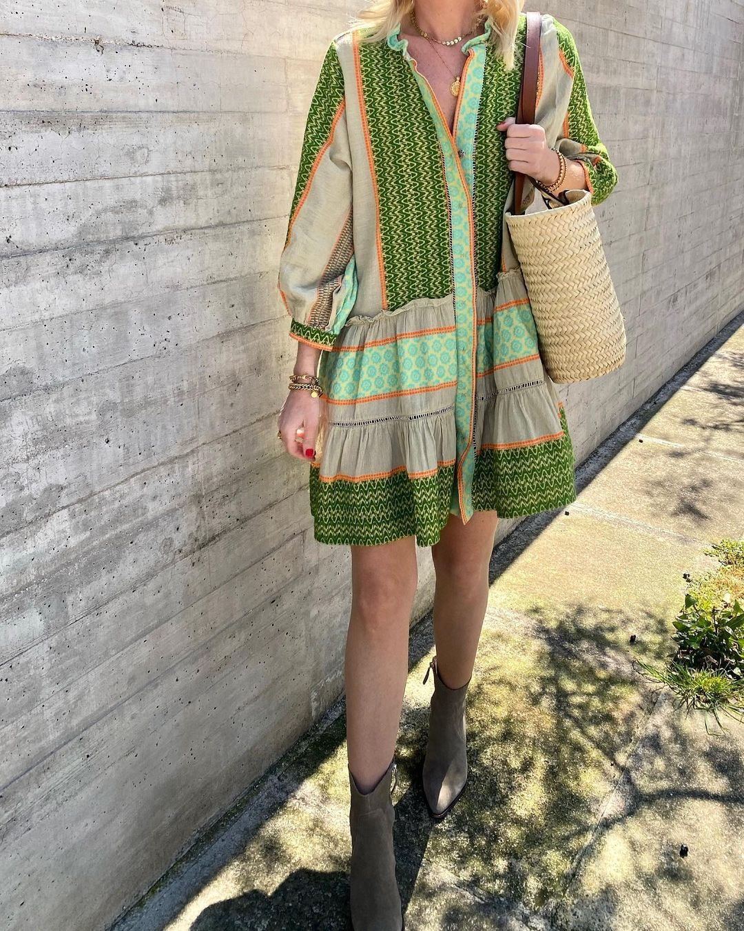 Vestido de falda de lino y algodón con posicionamiento estampado de primavera y otoño