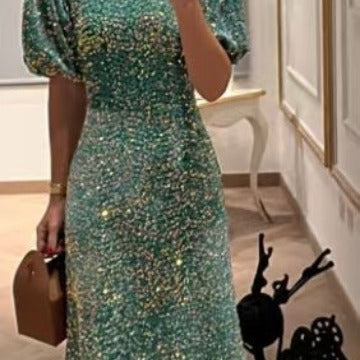 Vestido de manga corta brillante con lentejuelas bordadas pesadas y temperamento de lujo ligero