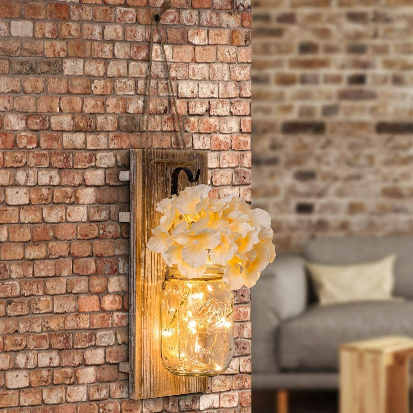 2 Pack Lighted Mason Jar Wall Sconce Fairy Lights Timer LED Country Decor