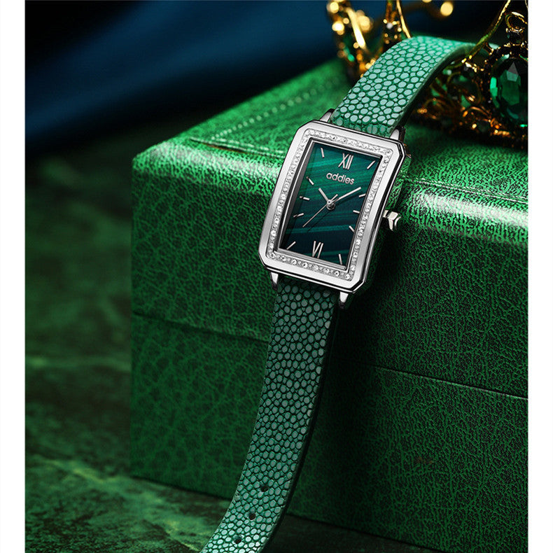 Exquisito conjunto de reloj verde pequeño para mujer, caja de regalo cuadrada