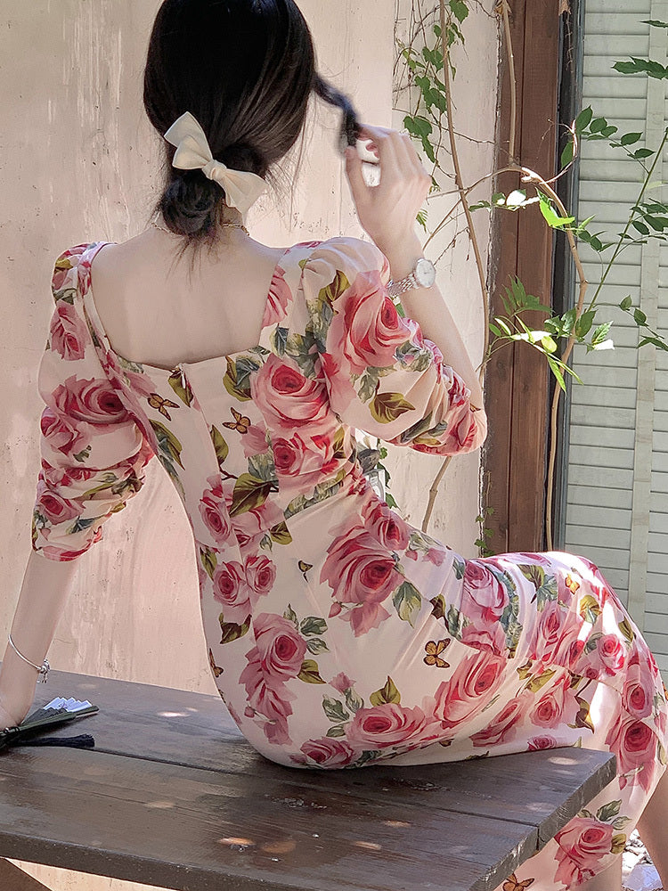 Robe à fleurs rose rétro élégante haut de gamme pour femmes