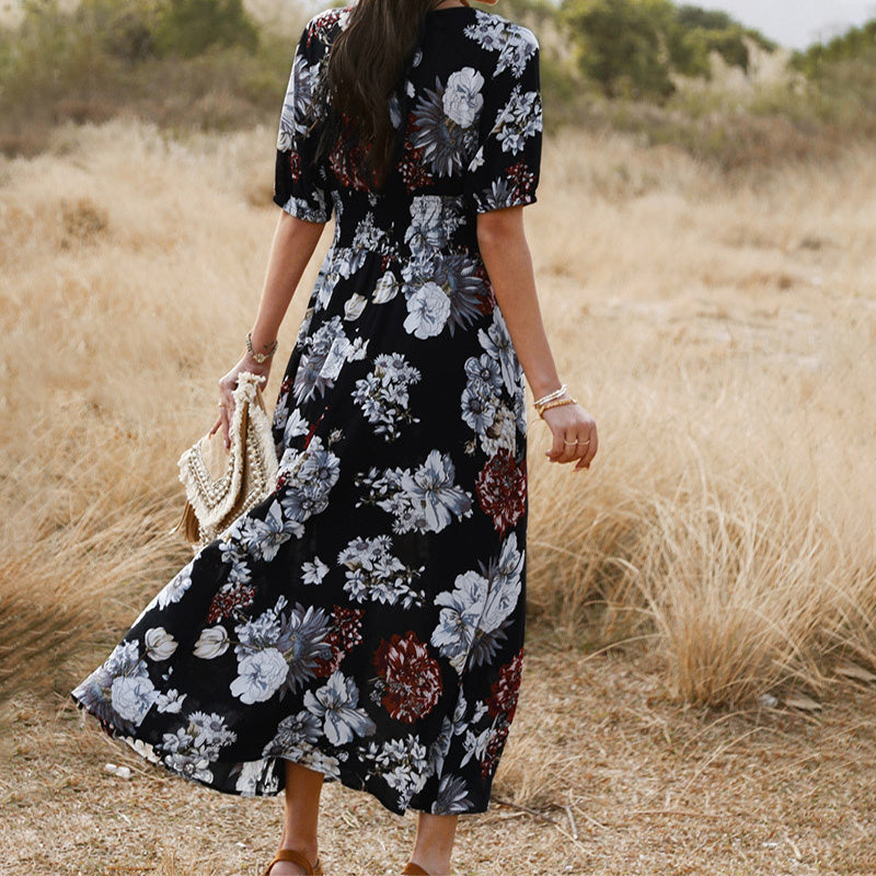 Robe de plage d'été florale avec col en V, robes à taille élastique pour femmes