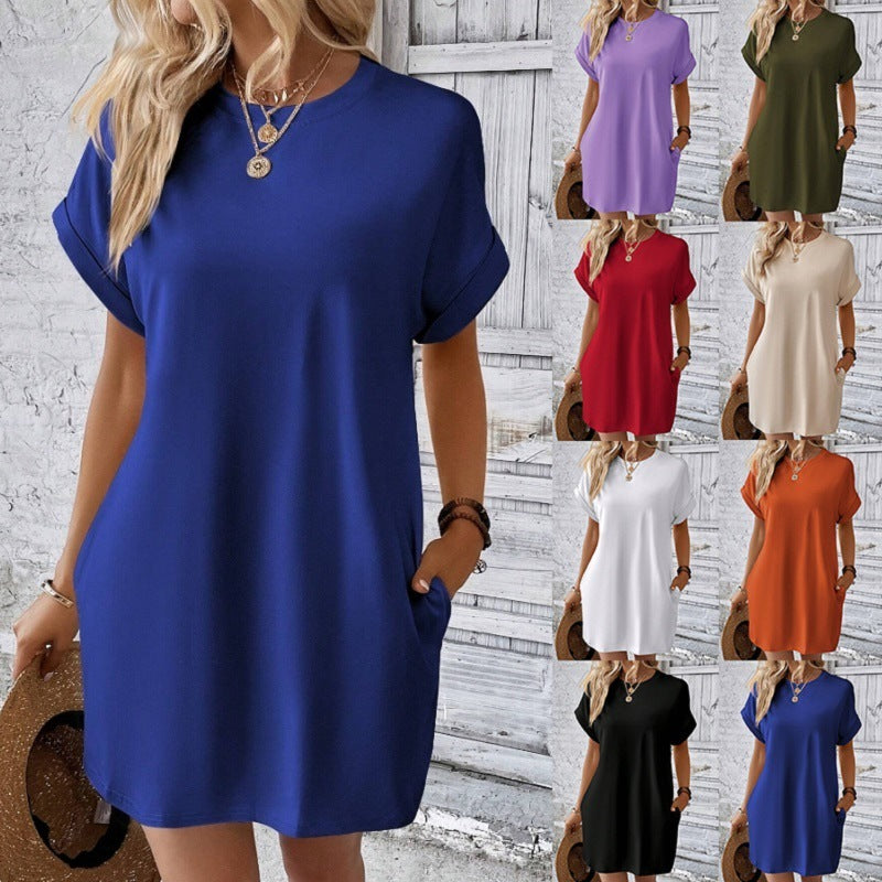 Robe ample à manches courtes avec poches, couleur unie, col rond, robes droites décontractées, vêtements d'été pour femmes