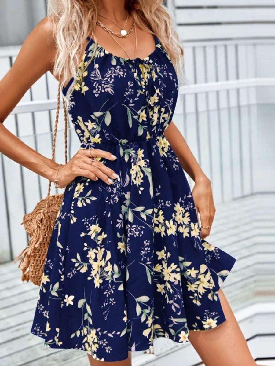 Robe à bretelles imprimé Floral avec taille élastique, Design à la mode, robes courtes d'été, vêtements pour femmes