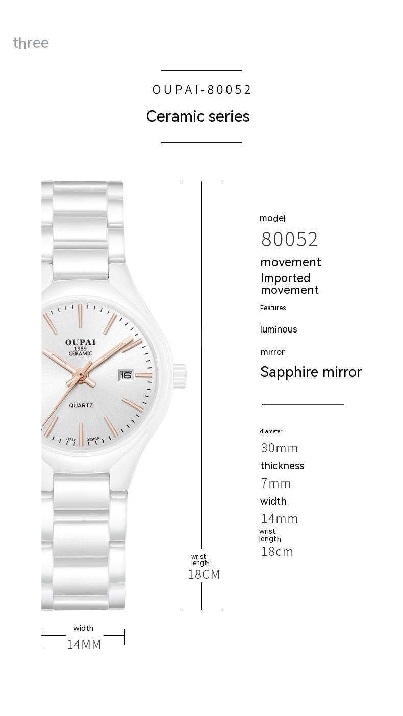 Reloj de mujer de cerámica blanca con temperamento simple.