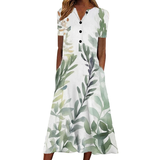 Printed Pocket V-neck Loose Casual Length Dress