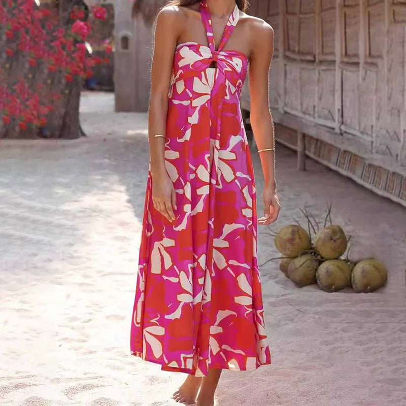 Vestido midi sin mangas plisado con cuello halter y estampado floral informal para mujer