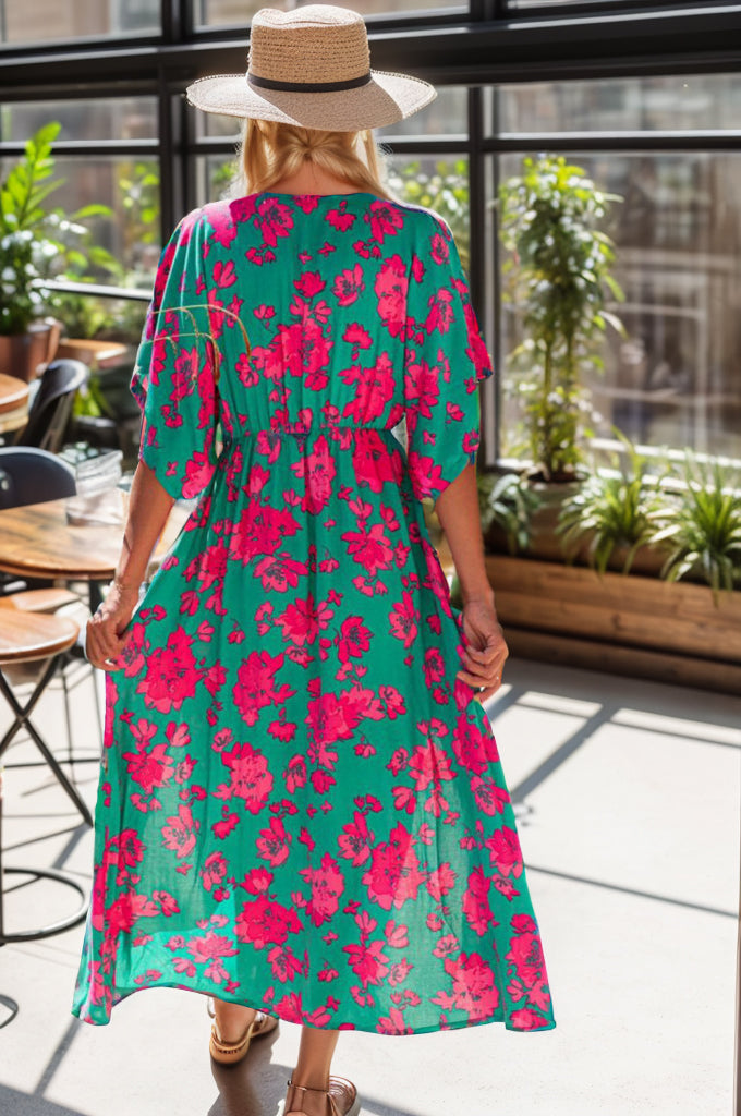 Printed V-Neck Midi Slit Dress