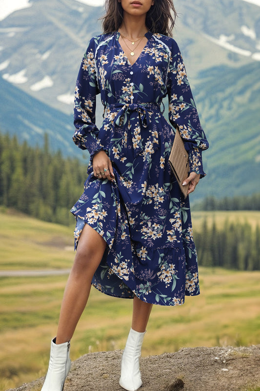 Vestido midi estampado con muescas y mangas farol