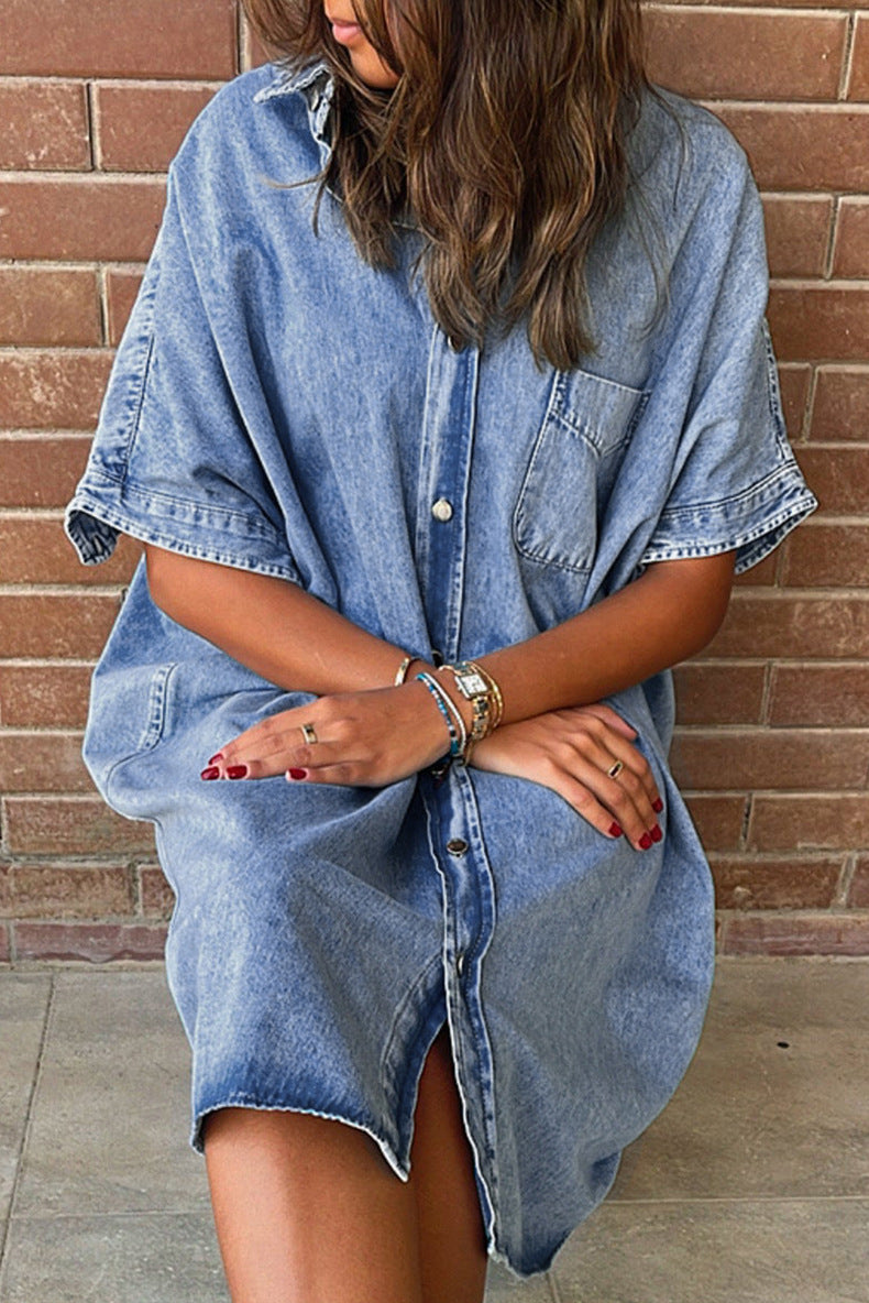 Robe en jean à manches courtes pour femmes, couleur unie, rangée unique, multi-boucles, jupe en jean