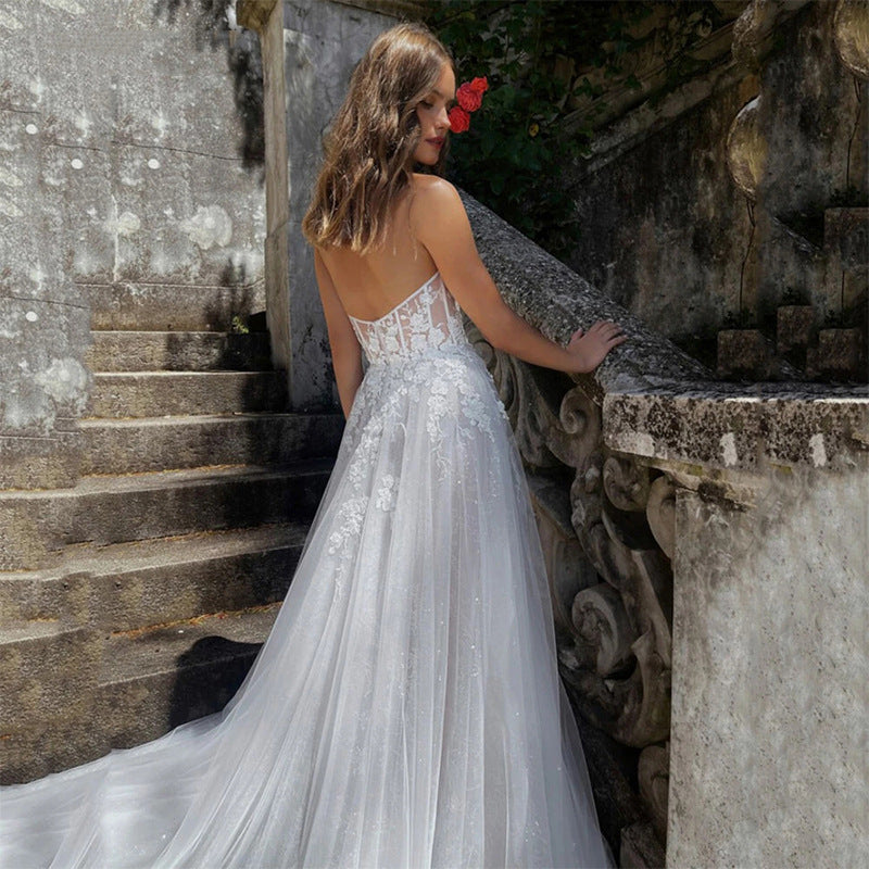 Vestido de novia ligero con parte superior de tubo transparente y abertura alta para mujer