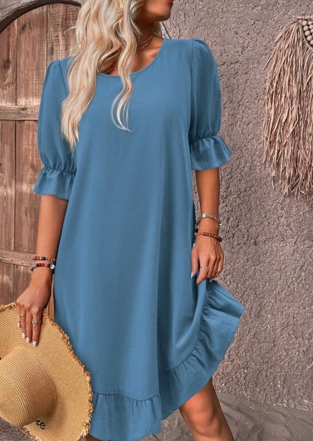 Vestido de manga corta con volantes a la moda, vestidos rectos sueltos con cuello redondo de Color sólido para verano, ropa para mujer