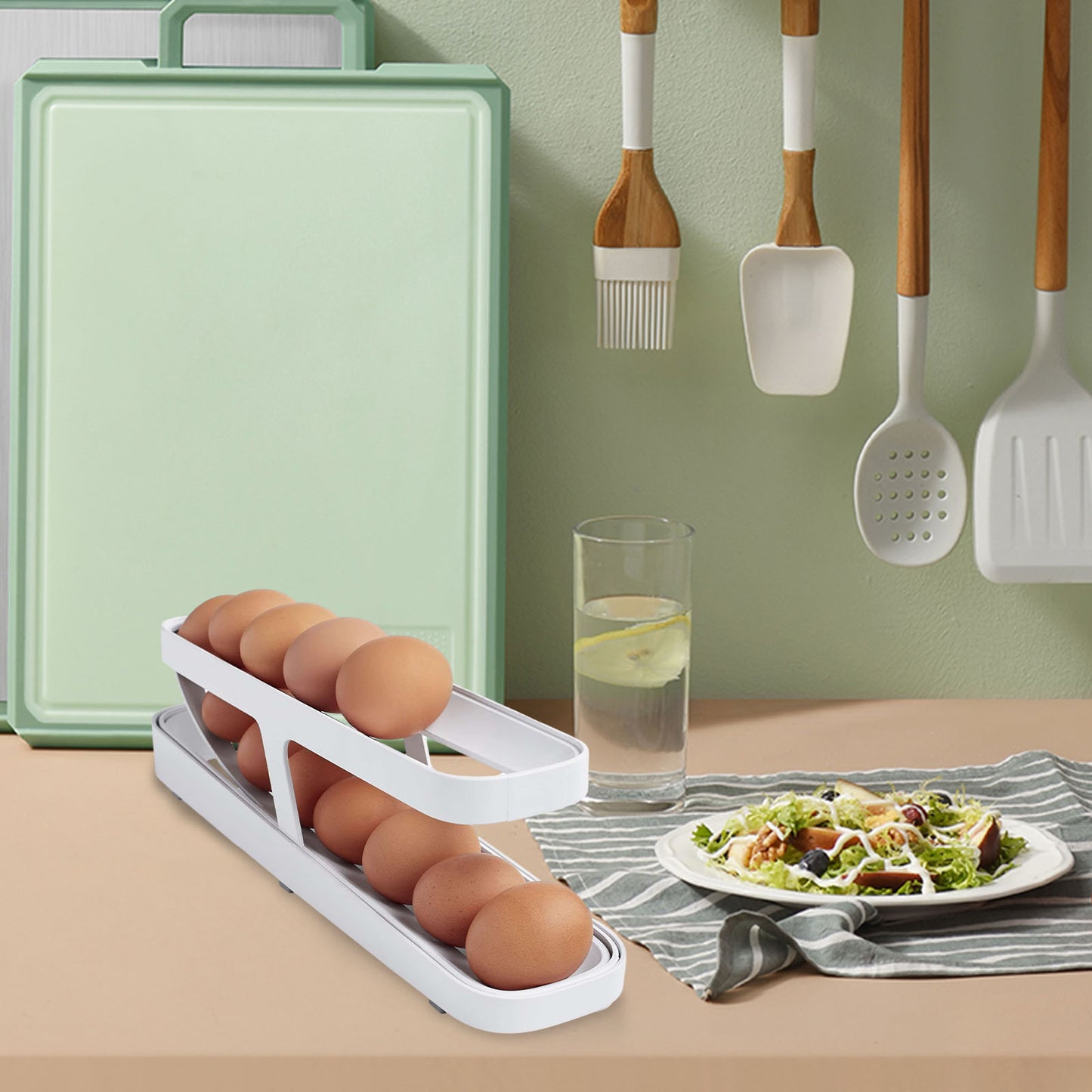 Rejilla para huevos con desplazamiento automático, caja de almacenamiento, cesta para huevos, contenedor, organizador enrollable, refrigerador, dispensador de huevos para utensilios de cocina