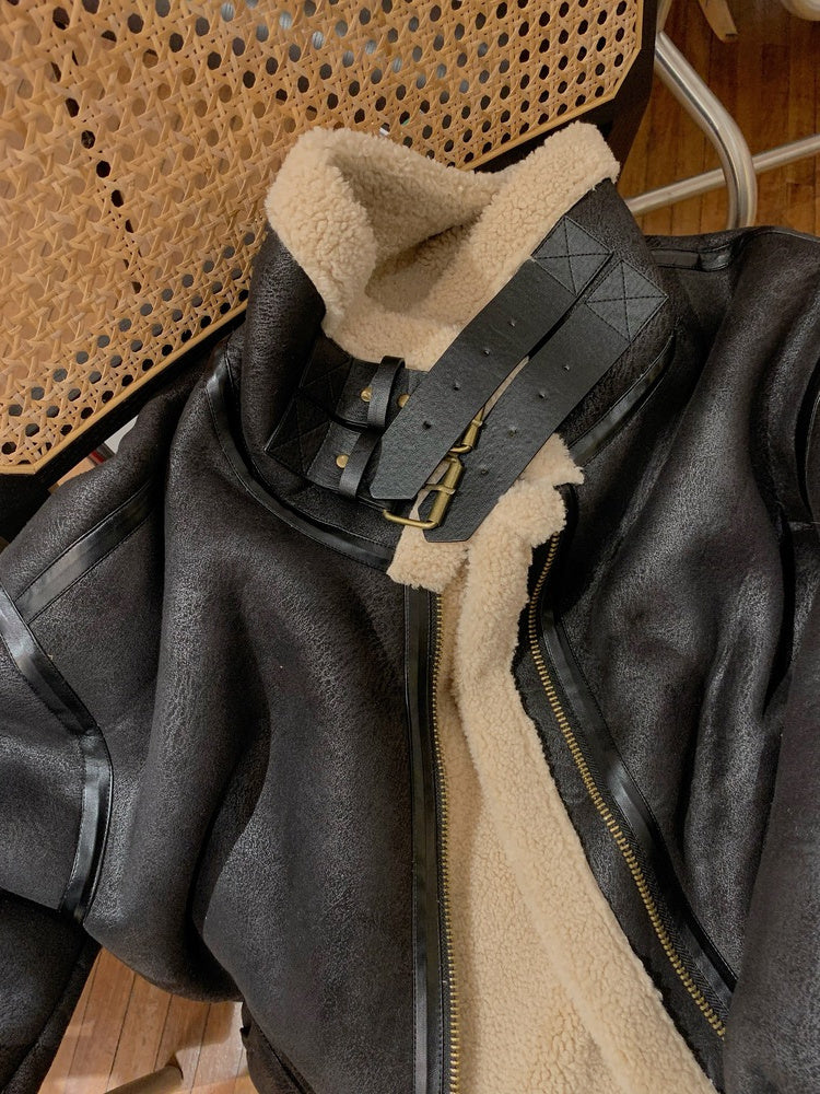 Veste de moto en daim à la mode pour femme Manteau rembourré en coton cachemire