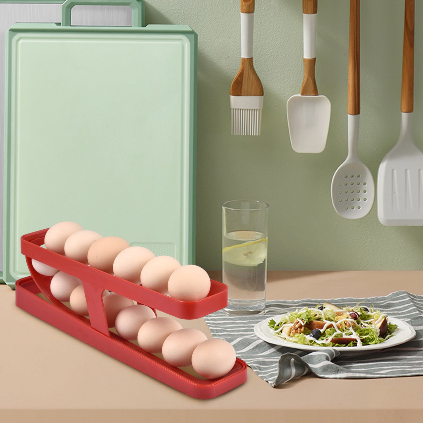 Rejilla para huevos con desplazamiento automático, caja de almacenamiento, cesta para huevos, contenedor, organizador enrollable, refrigerador, dispensador de huevos para utensilios de cocina