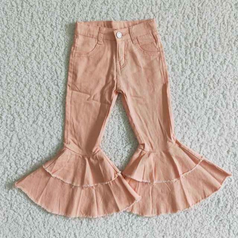 Pantalones de mezclilla de moda para niñas con doble volante y parte inferior acampanada