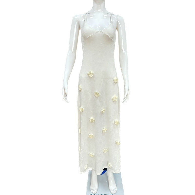 Jupe à bretelles pour femmes, robe tridimensionnelle à fleurs tricotée, dos nu, à lacets