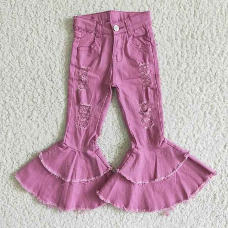 Pantalones de mezclilla de moda para niñas con doble volante y parte inferior acampanada