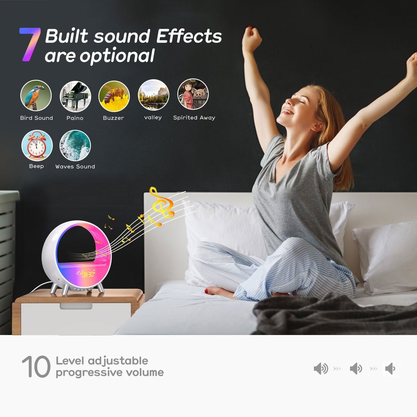 Lámpara de ambiente Altavoz Bluetooth Reloj despertador inteligente Luz nocturna WiFi Luz de despertar Amanecer Lámpara de atardecer