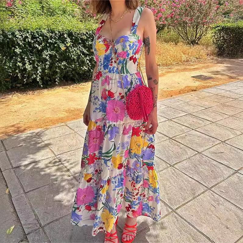 Printed High Waist Twill Dress No Back Waist Dress Casual Style