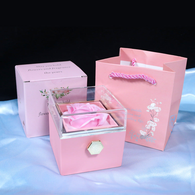 Caja de regalo giratoria con forma de rosa y flor de jabón, caja de embalaje de joyería con forma de rosa giratoria creativa, regalo del Día de San Valentín para mujer